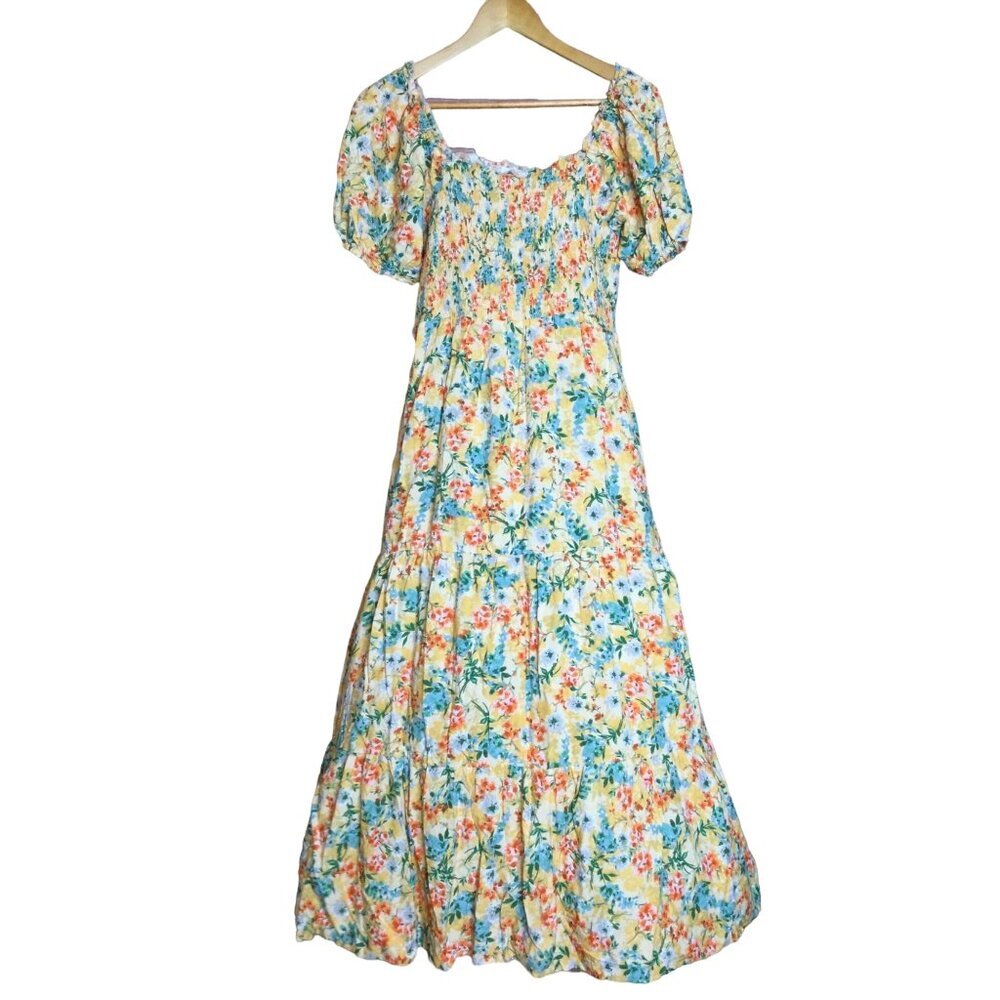 Heyson Floral Puff Sleeve Long Midi Dress Size L Tiered Smocked Cottagecore